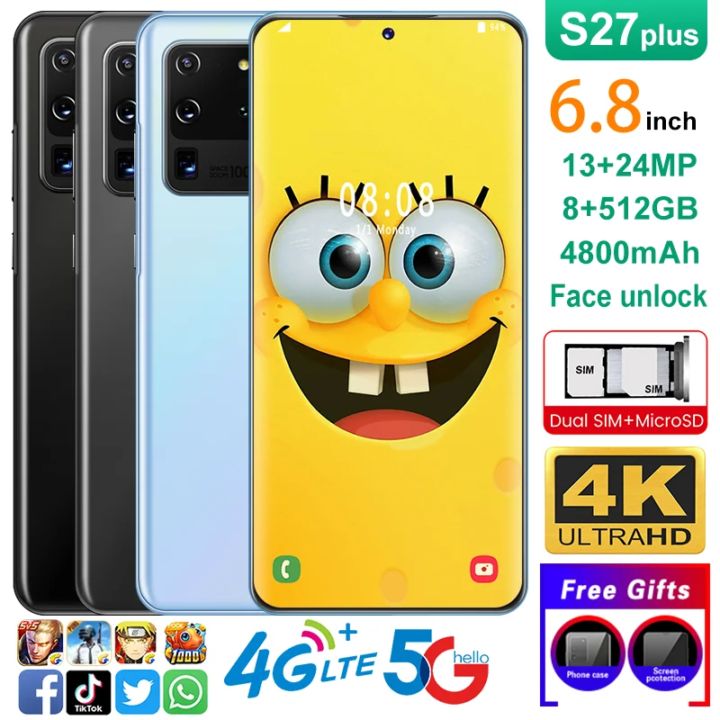 

S27 Plus 8+512GB HD Screen Smartphone 2021 New 6.8 Inch 13+24MP 4800mAh Facial Fingerprint ID Android 4G 5G Network Mobile Phone