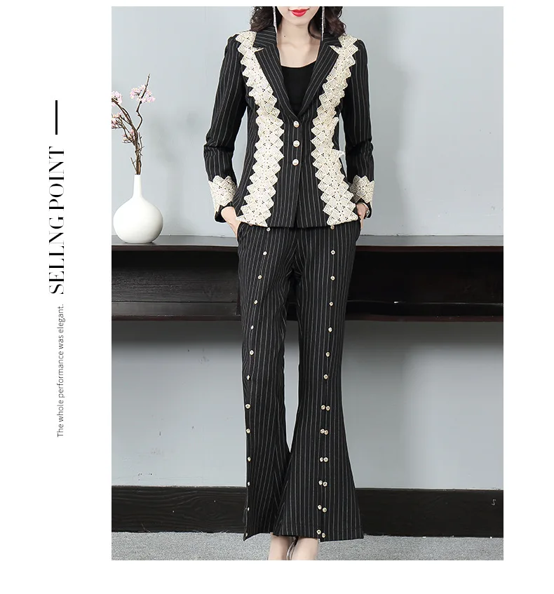 

New spring European and American super fashion strip suit+long section Diamond Studded trousers OL suit set for women