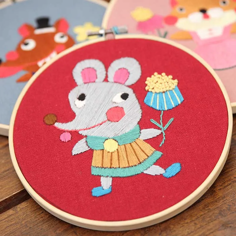 Cartoon Animal Embroidery Kit with Bamboo Hoop DIY Needlework Cross Stitch Handmade for Beginner Sewing Art Gift Home Decor | Дом и сад