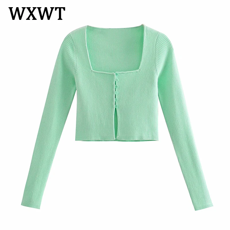 

WXWT Fashion Women Green Cropped Cardigan Sweater Knitted Square Collar Casual Long Sleeve Tops Single Breasted Short Cardigan