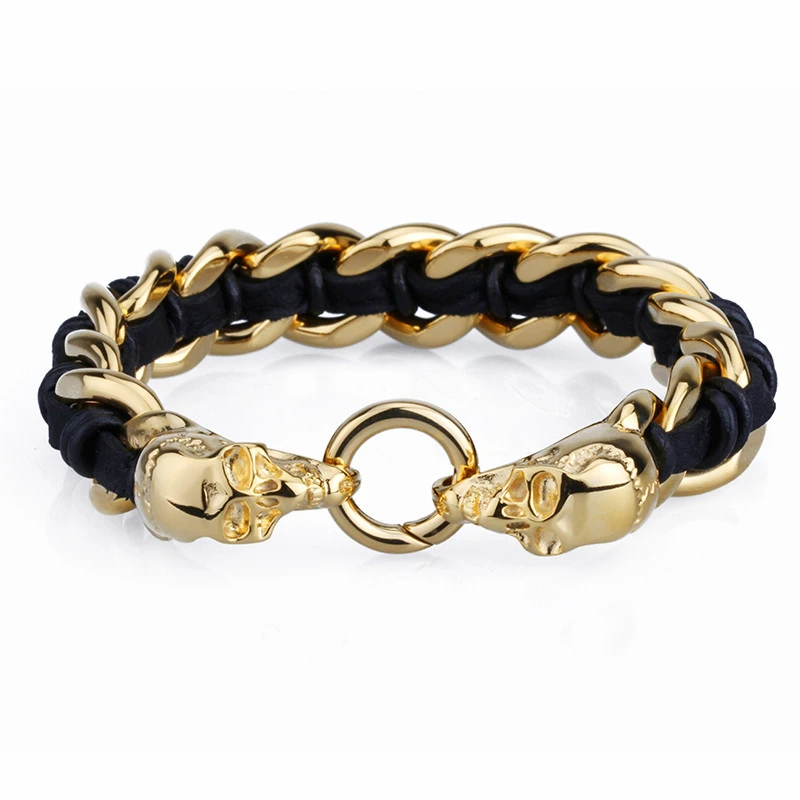 

Men's Gold Color Skull Leather Bracelets 22cm Stainless Steel Skeleton Punk Biker Twisted Link Chain Bracelet Rock Jewelry