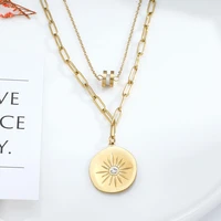 round stainless steel diamond pendant sweater chain awn star zircon titanium steel multilayer superimposed long necklace female