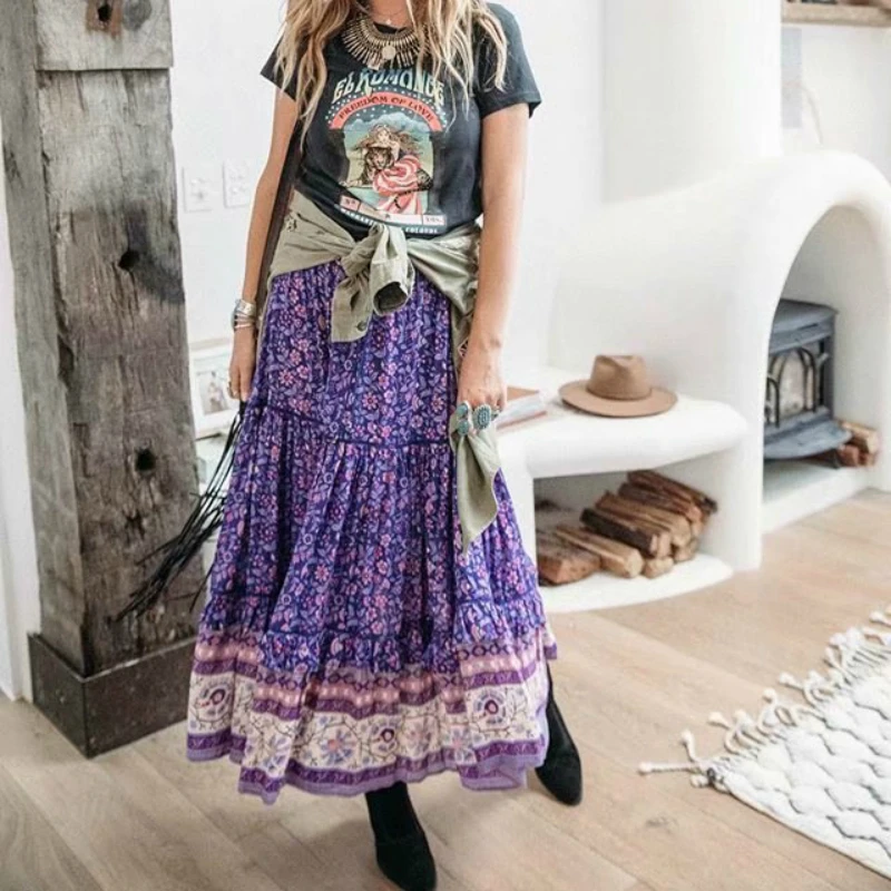Boho chic хиппи Женская пляжная Цветочная юбка с кисточками богемная юбка с высокой эластичной талией А-силуэт Макси Юбка Femme