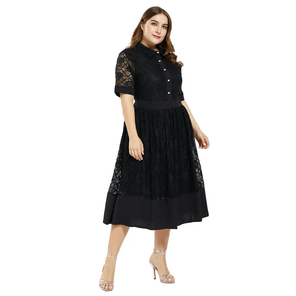 

Plus Size Black Shirt Dress Fashion Women Short Sleeve A-Line Party Lace Dress Casual Midi Dresses Party Holiday 2020 Summer