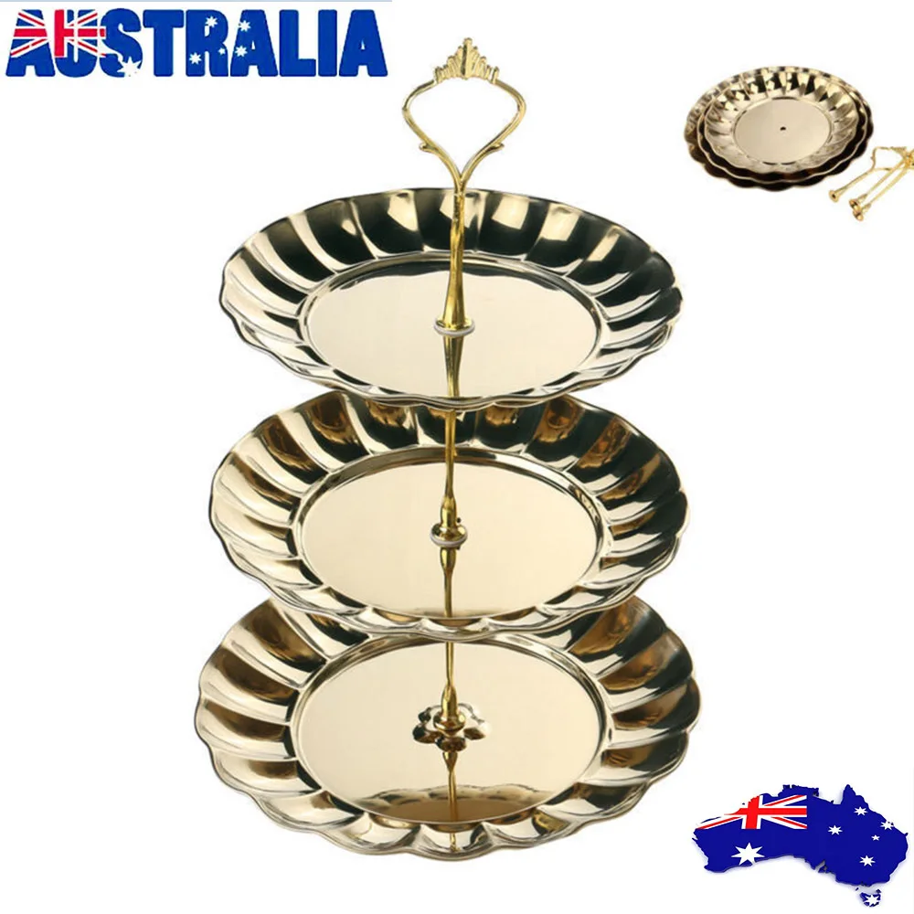 

Cake Stand Stainless Steel 3-Tiered Fruits Cakes Desserts Plate Stand (Gold)