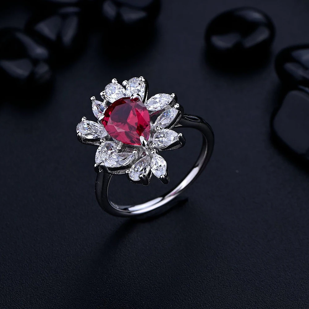 

Trendy Design 925 Sterling Silver 7*9mm Pear Ruby Diamond Patry Rings for Women Korean Ruby Gem Engagement Finger Ring Gift