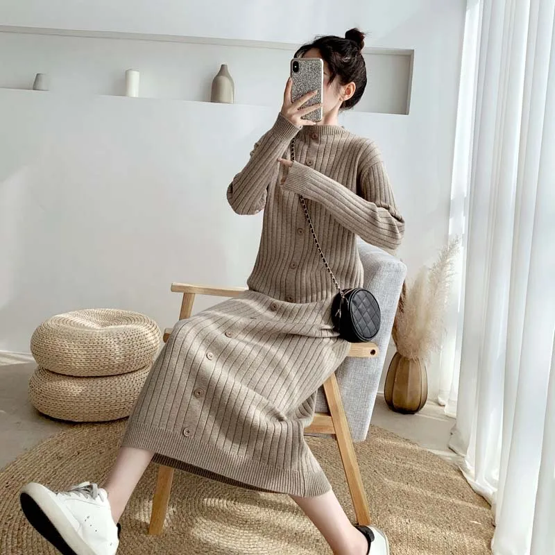 

Casual Dresses For Women 2021 Beautiful Retro Knitting Over The Knee Sweater Skirt Round Neck Long Autumn Winter Female Clothing
