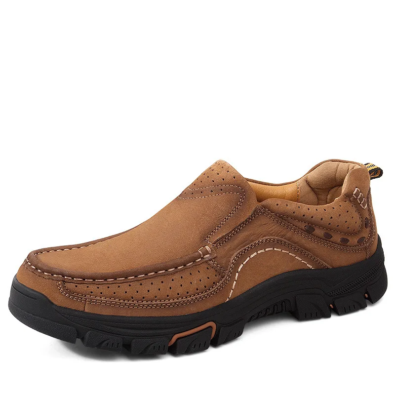 

Big Head Shoes 2021 New round Toe Slip-on First Layer Cowhide Hiking Shoes Outdoor Sports Platform Flat-Heeled Casual Shoes