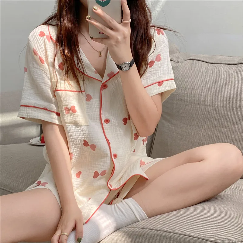 

100% Cotton Heart Print Women Short Pajamas Thin Sleepwaer Pyjama Womens Soft Loose Set Casual ShortSleeve Two-piece homeewear