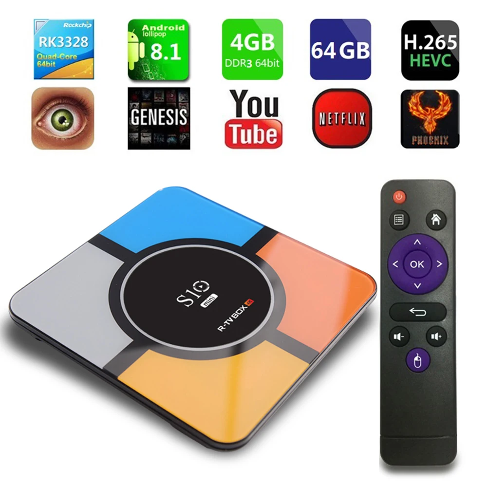 Android 9,0 tv Box S10 мини Смарт ТВ-бокс на Rockchip RK3328 Четырехъядерный 4 ГБ DDR3 32 ГБ/64 Гб 4K H.265 2,4 ГГц wifi USB 3,0 медиаплеер