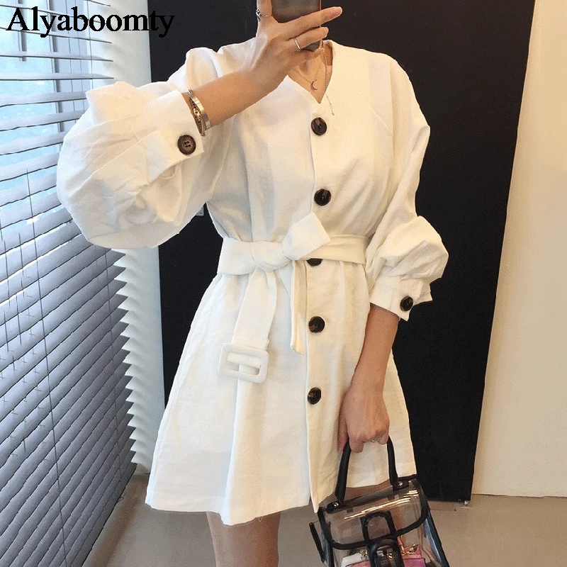 Женское мини платье в Корейском стиле на весну и осень с v образным вырезом поясом