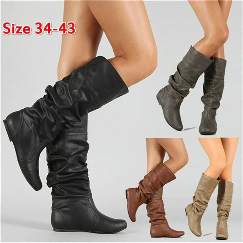 

Women Leather Mid Calf Boots Casual Slip on Autumn Winter Wedge Long Boots Fashion Pleated Round Toe Black High Boots Female