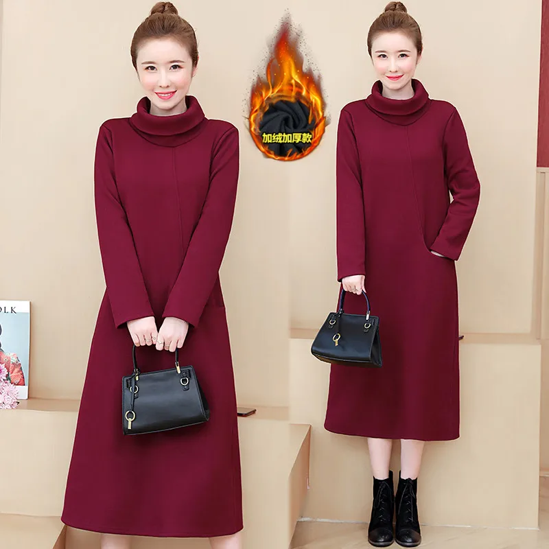 

Plus size Winter turtleneck thick long velvet dress,brand warm Autunm Knit cotton Dress,plus size warm basic dress 5XL 6XL 7XL