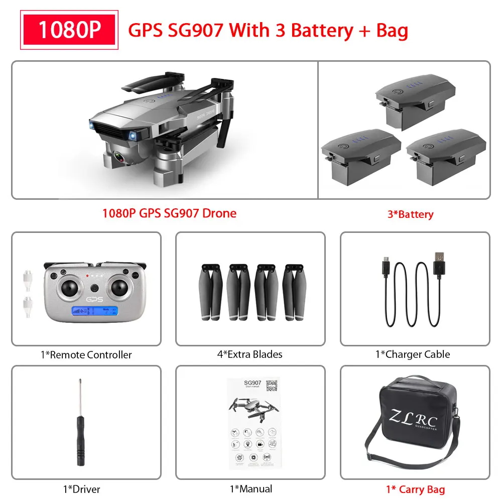 SG907 1080P 3B Bag ZWN SG907 SG901 gps Радиоуправляемый квадрокоптер с Wifi FPV 1080P 4K HD Двойная камера оптический поток Дрон следуй за мной мини Дрон VS SG106 E502S - Цвет: SG907 1080P 3B Bag