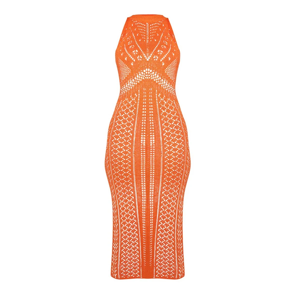 

2021 New Sexy Hollow Knitted Beach Dress Sleeveless See-Through Holiday Long Skirt Bikini Cover Up Summer Beach Wear Swim Lady