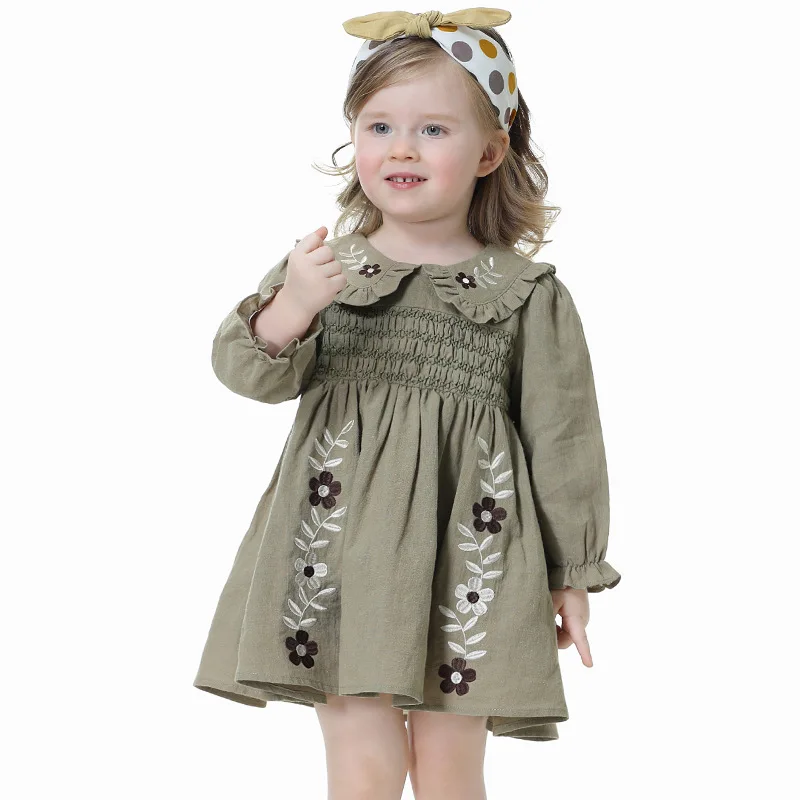 

2021 New Autumn 9mths~6 Years Baby Girl Floral Smock Dress Long Sleeve Chocolate