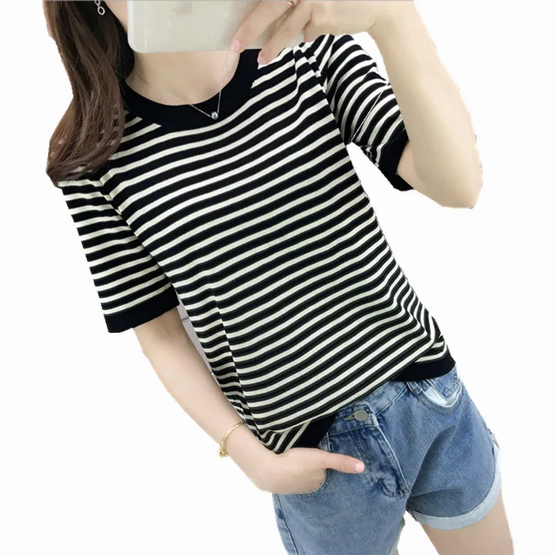 Женская футболка сезон весна-лето 2020 новые футболки топы вязаные в полоску с