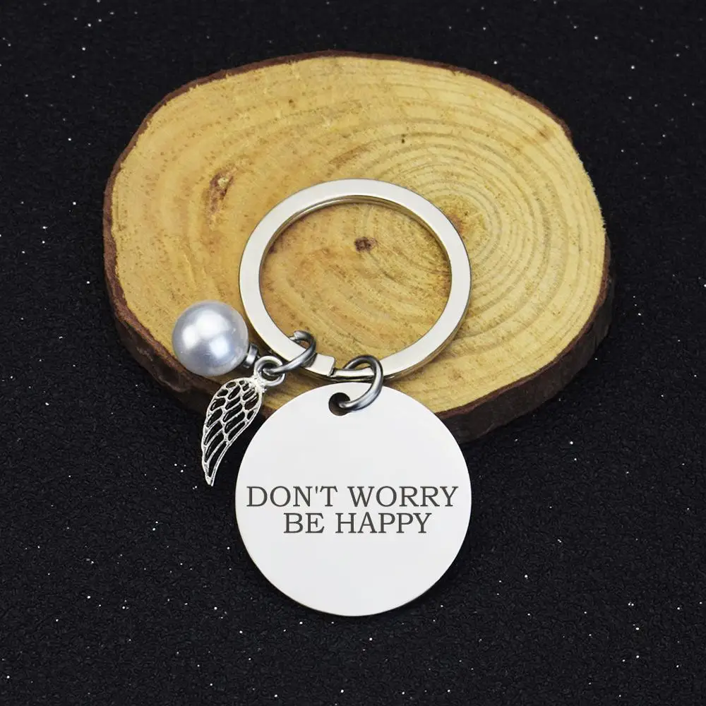 

DON'T WORRY BE HAPPY,HAPPY LIKE BIRD Quote Engrave Letter Keychain Stainless Steel Simulated Pearls Wing Pendant Keychain