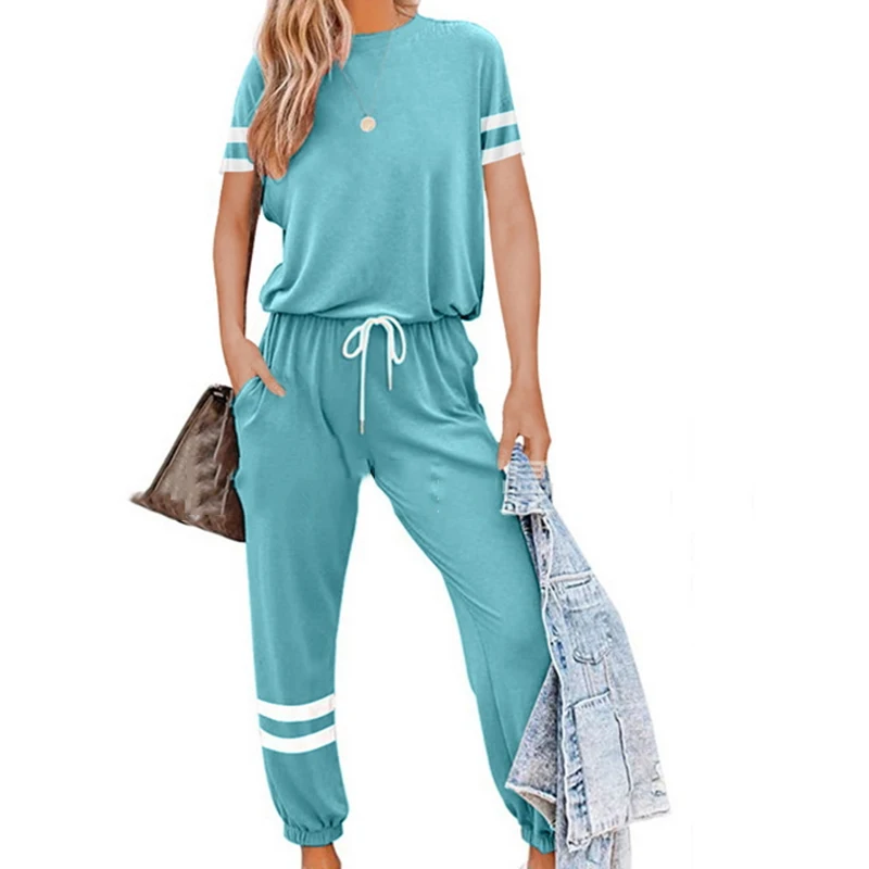 

2021 New Women's Suit, Hot Sale In Europe and America, Summer Round Neck Short-sleeved Trousers, Home Wear Sports Two-piece Suit