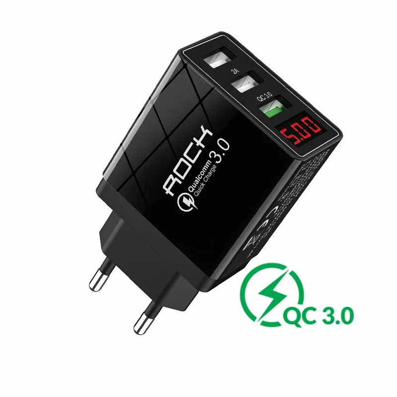 ROCK USB зарядное устройство QC 3,0 30 Вт светодиодный дисплей Быстрая зарядка телефона ЕС настенный адаптер турбо Быстрая зарядка для iPhone Xiaomi samsung huawei
