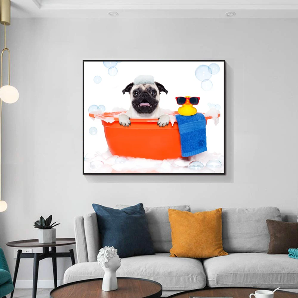 Холст картина маслом собака с желтой уткой игрушка для купания в ванной