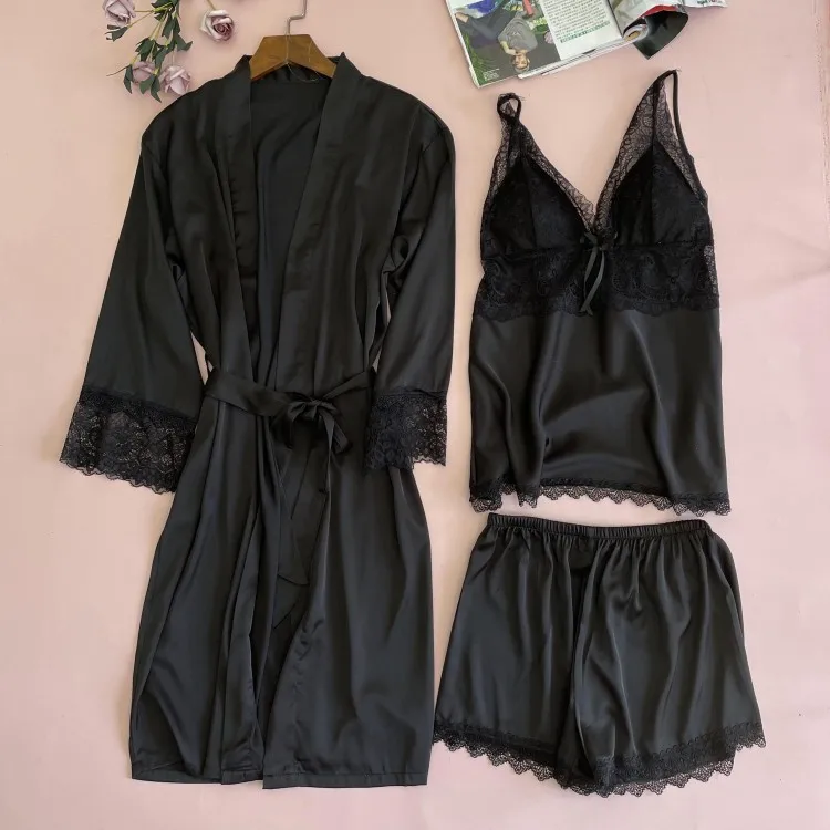 

Pajamas Set Lady Thin Satin 3PCS Sleepwear Suit Sexy Lace Robe Kimono Bathrobe Gown Casual Loose Home Clothes Intimate Lingerie