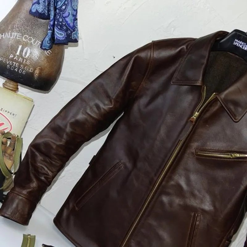 

Brown 2020 Retro Men American Style 1930S Biker's Leather Jacket Plus Size XXXXL Genuine Cowhide Autumn Slim Fit Motorcycle Coat