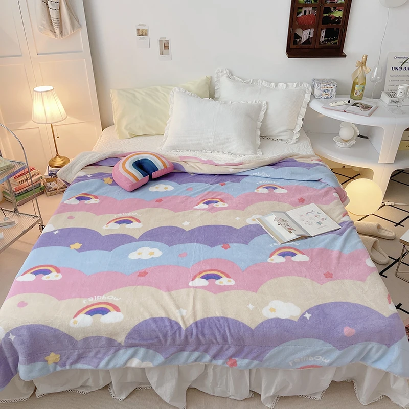 

1Pc Soft Bed Plaid on the Beds Rainbow Clouds Print Flannel Blankets for Kids Queen/King Size Bedspread for Winter Plush Manta