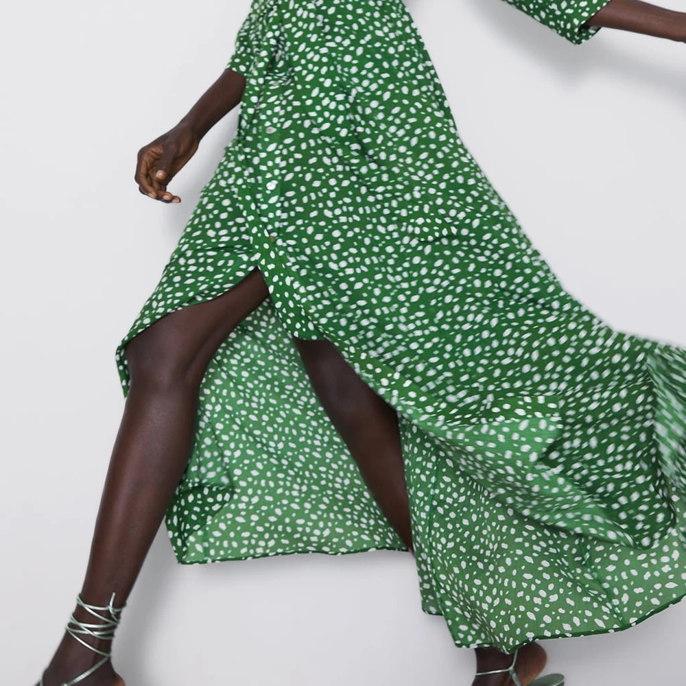 Trendy ZA Green White Dot Print Long Dress Women Boho Turn-Down Collor Belt Split Hem Design Charm Elegant Autumn Style Dress