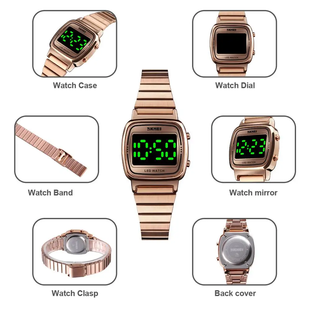 SKMEI Ultra Thin Luxury Women's Silver Stainless Steel Watches Women Fashion LED Digital Dress Business Wrist watch Reloj Mujer
