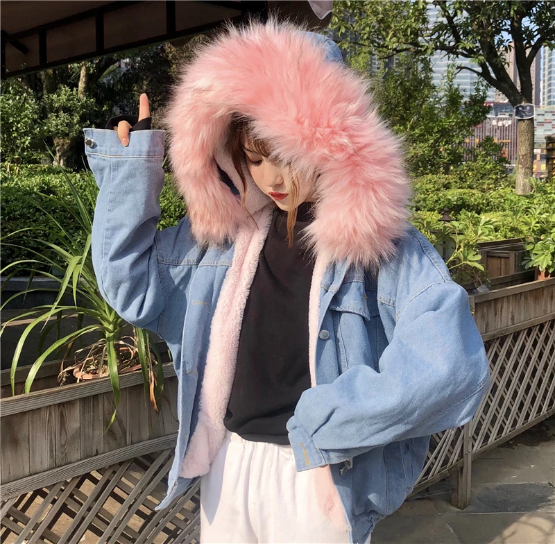 Новинка 2019 зимняя джинсовая куртка короткое пальто большой меховой воротник из