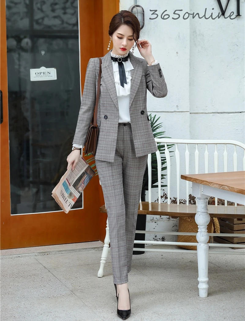 

Elegant Plaid Uniform Designs Pantsuits with Pants and Jackets Coat for Women Business Work Wear OL Styles Ladies Blazers Set