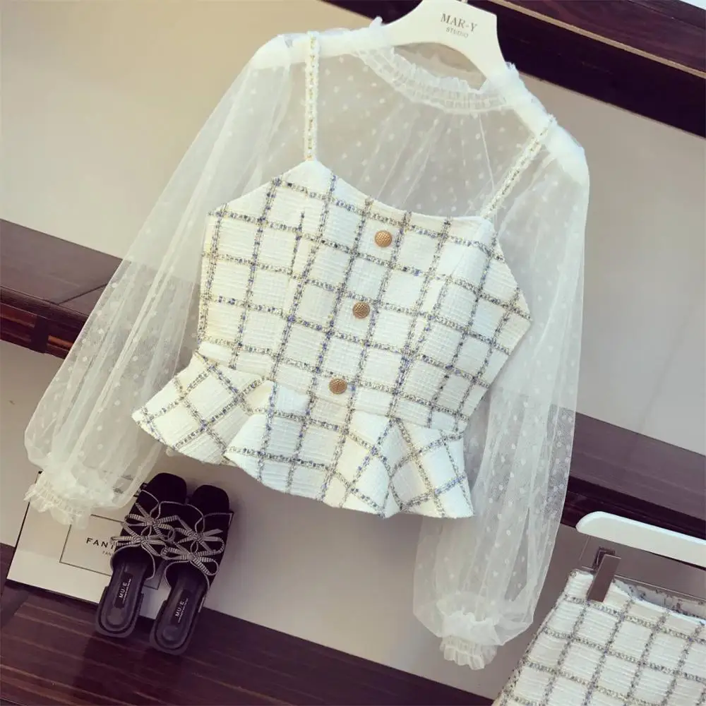 Комплект из 3 предметов Женская Осенняя новая сетчатая рубашка + маленькая куртка