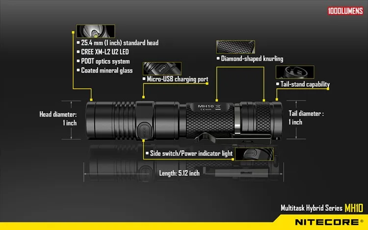 Nitecore MH10 тактический флэш-светильник Cree XM-L2 1000 Люмен usb зарядка поиск поход ручной светильник+ 1 шт. 2300 мАч 18650 B