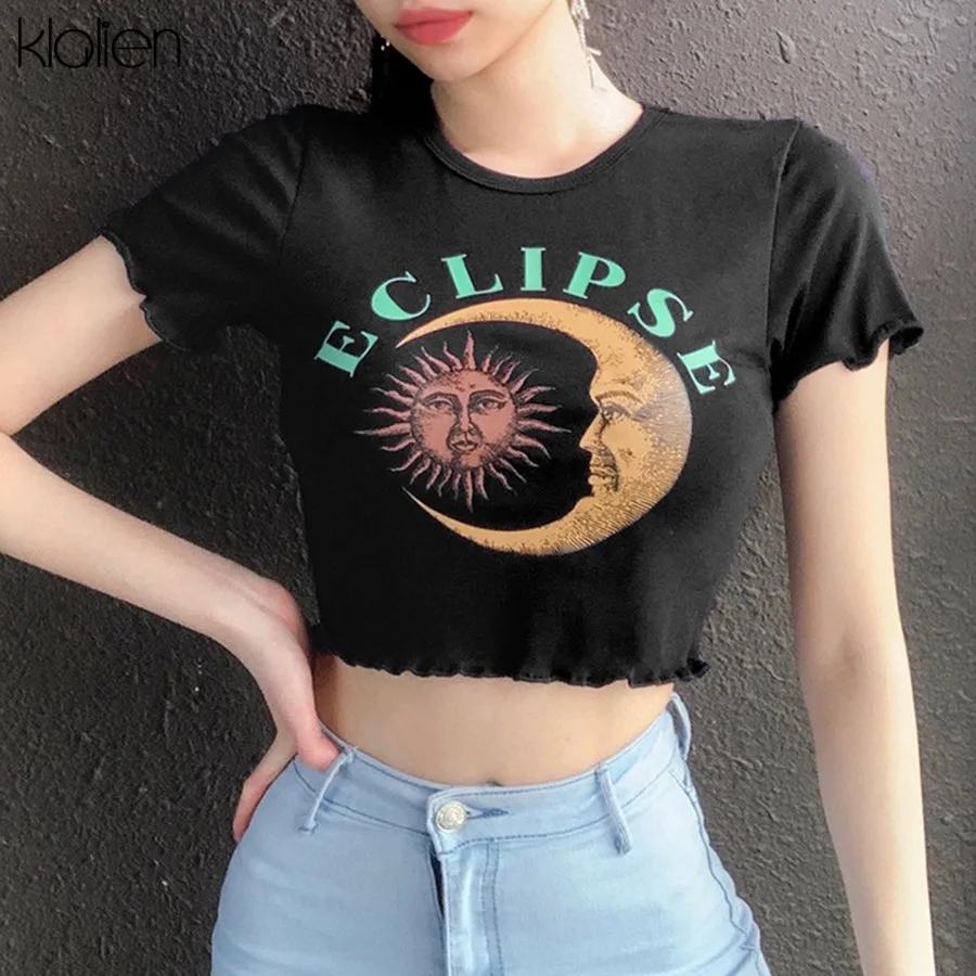 Женская хлопковая Футболка kalien черная Повседневная футболка с принтом в виде