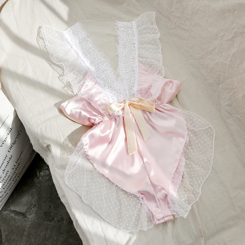 

Ruffle V Neck Lace Satin Jumpsuit Kawaii Japanese Overalls for Women Teddy Playsuit Backless Sexy Bodysuit Cute Sweet Lolita