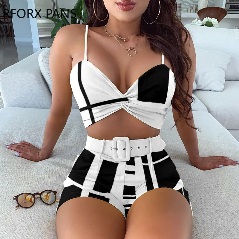 

Colorblock Spaghetti Strap Twisted Top & Shorts Set Women Suit