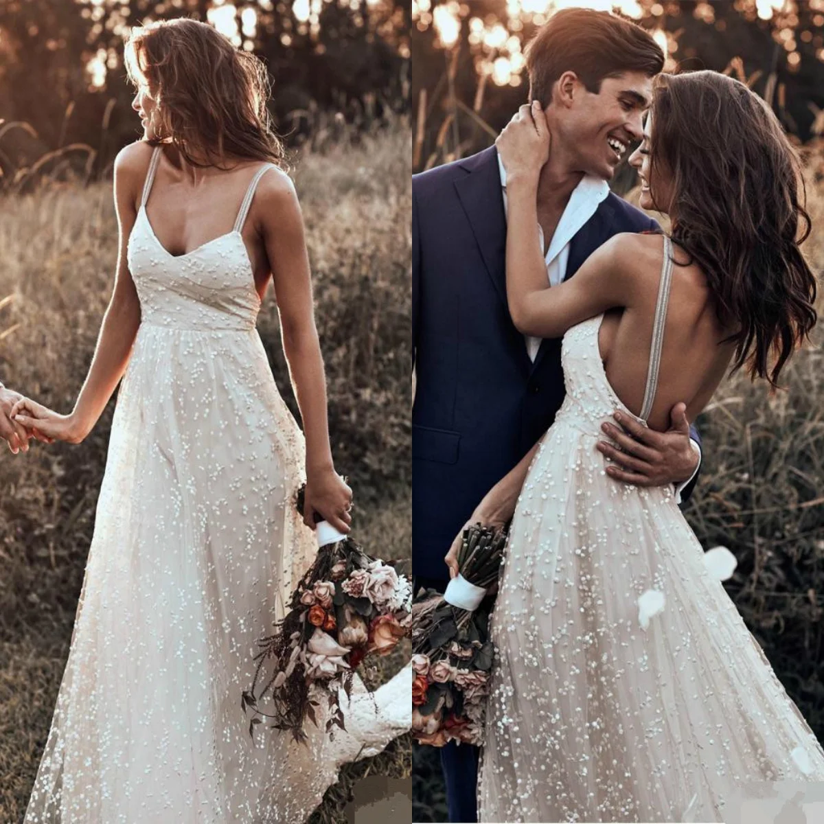 

Bohemian Wave Wedding Dresses Spaghetti Neckline Backless Beach Bridal Gowns Tulle Country Wedding Dress Vestido De Novia
