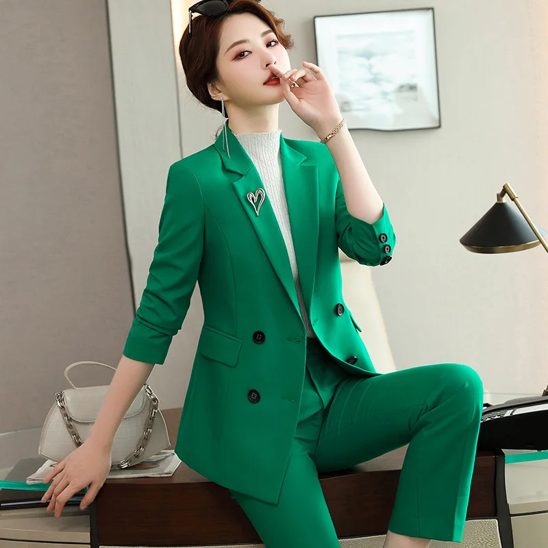 IZICFLY Autumn Winter New Green Ladies Suits Formal Set Pants And Blazer Uniform Business Women Two Piece Outfits 2021 Work Wear
