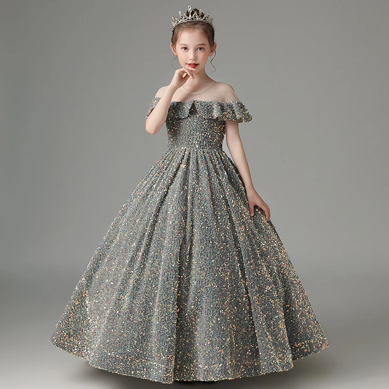

Gray, White, Light Sky Blue Fancy Light Sky Blue Flower Girls' Dresses Sheer Neckline Sparkling Shining Sequins Fabric Ball Gown