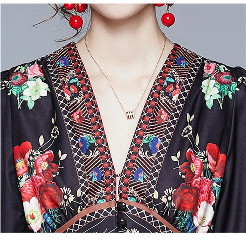

2021 Bohemian Floral Maxi Holiday Dress Women lOng Sleeve V-Neck Single Breasted Casual Long Shirt Dress Designer Runway Dresses