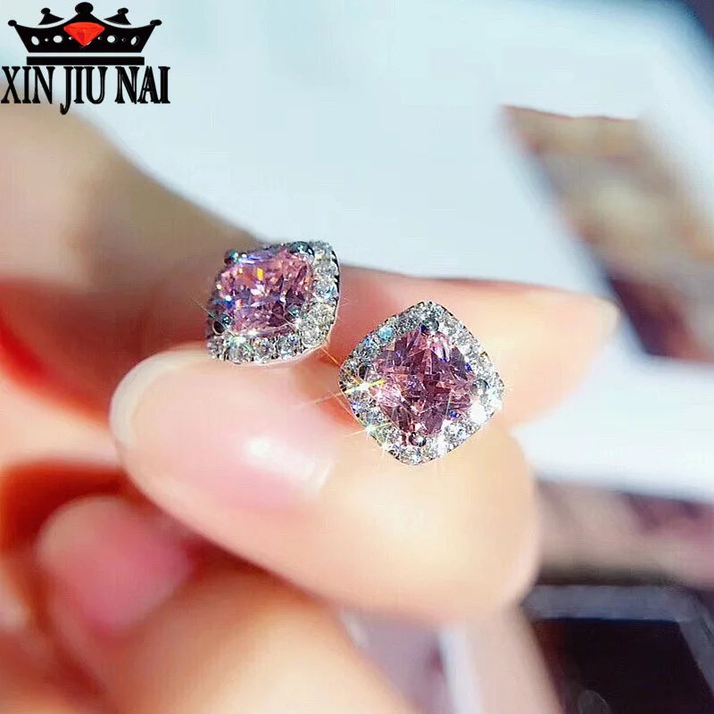 Женские роскошные серьги-гвоздики с розовым геометрическим цирконием винтажные