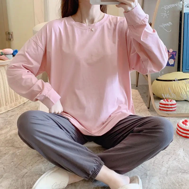 SOUGEN Pajamas for Women's Spring and Autumn Long-sleeved Trousers Cotton Two-piece Casual Simple Style Home Service Nightwear