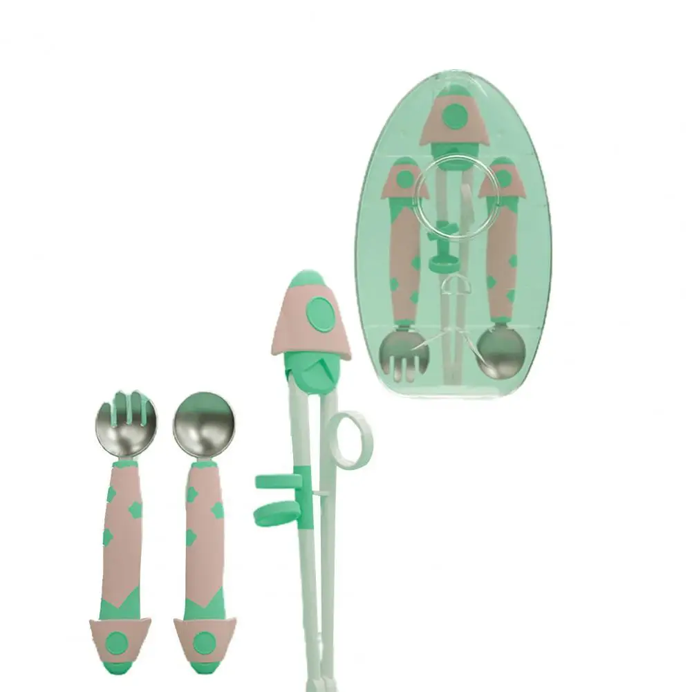 

3Pcs/Set Baby Tableware Kit Cartoon Rocket Shape Heat Resistant Long-lasting Baby Training Spoon Fork Chopsticks Kit for Infant