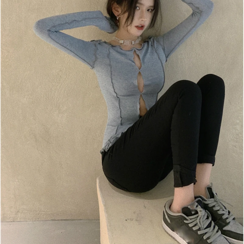 

Women T Shirts Long Sleeve Hollow Out Sexy Party Bodycon Club Fashion 2021 Tees Slit Hem Top Shirts Cotton Ladies Casual Tops