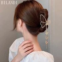 bilandi 2021 new metal hair claw clips with chain tassel glass beads butterfly bow dangle hair clips for women hair accessories