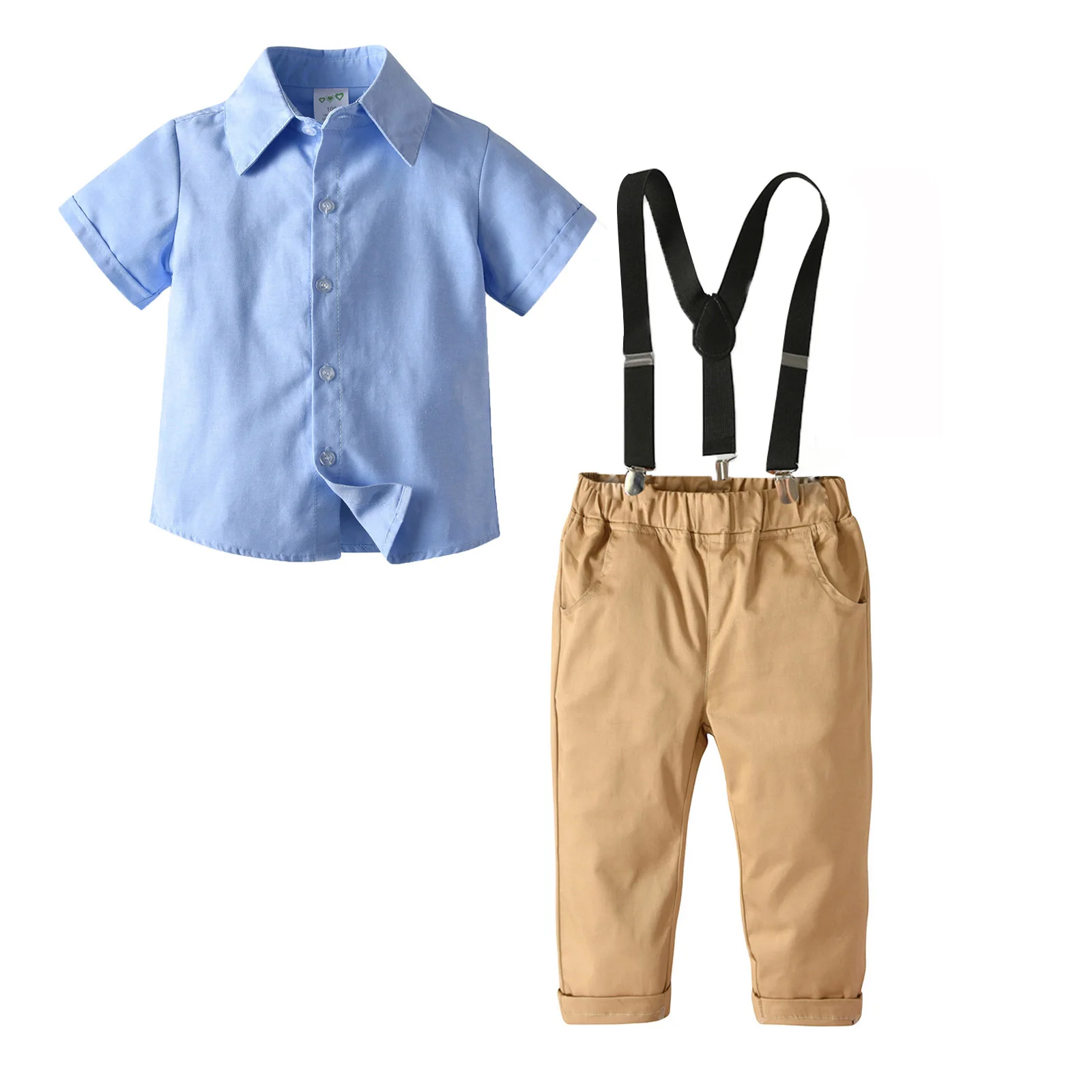 

Строгий костюм для маленьких джентльменов, для школы, банкета голубые рубашки с бантом и штаны на подтяжках Комбинезоны Новинка 2021 года, ком...