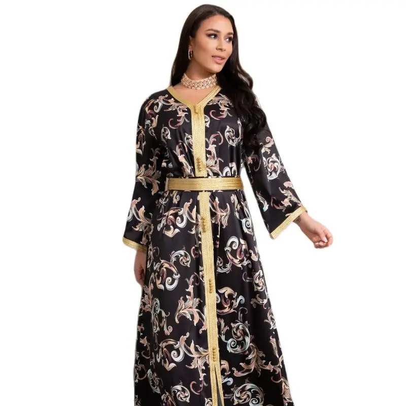 

Middle East Fashion Muslim Printed Long Belt Dress 2021 Ramadan New Abaya Dubai Muslim Women's Robe Summer Saudi Arabia