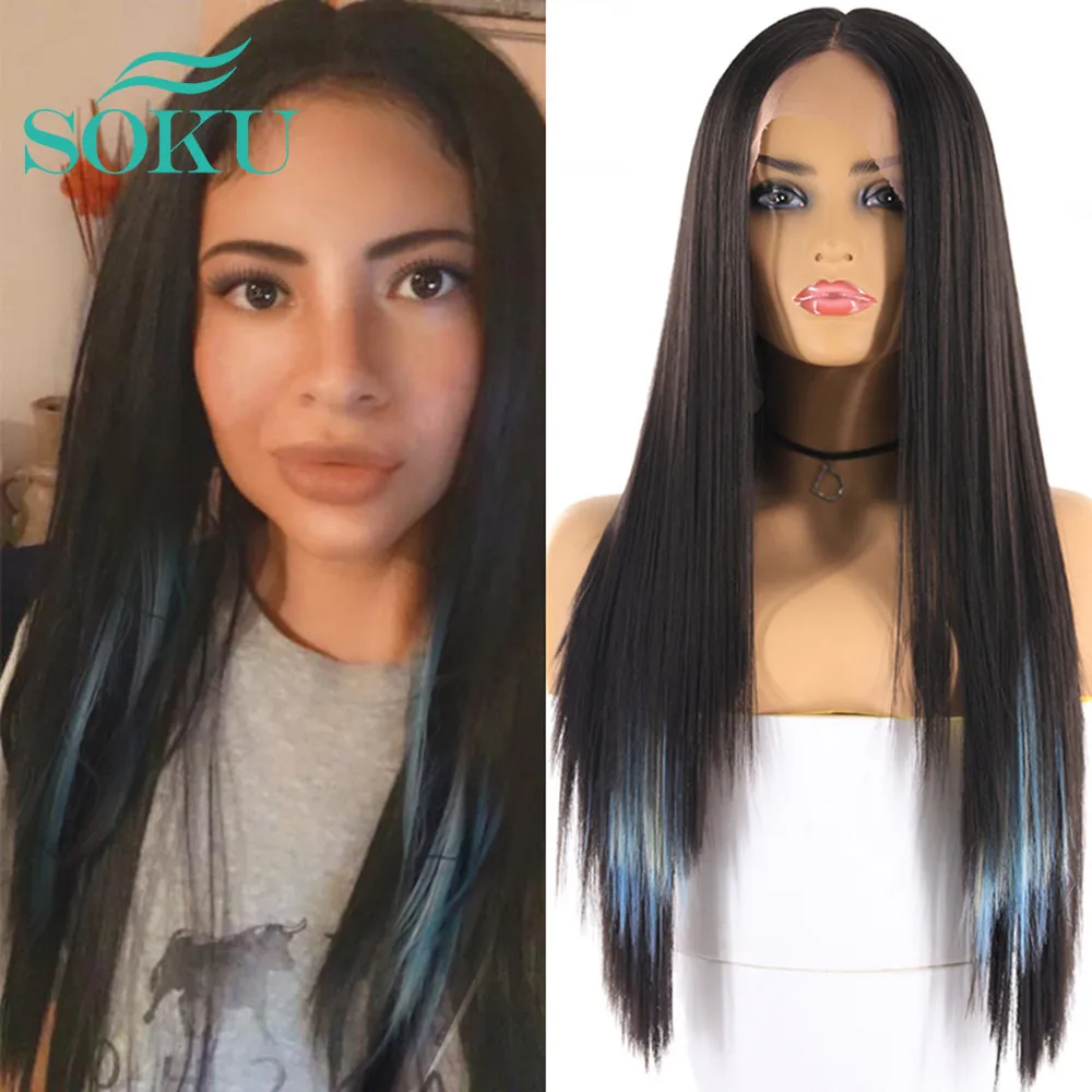 

Синий цвет синтетические кружевные передние парики для чернокожих женщин длинный прямой парик SOKU средней части парик без клея парик из выс...