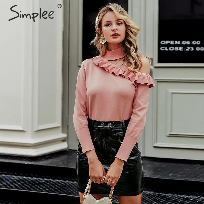Simplee сексуальный вязаный свитер с бретелькой через шею, женский джемпер, зимний женский свитер с оборками, женский джемпер с длинным рукавом, женский джемпер